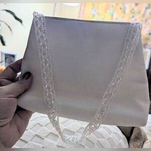 Chic Vintage Cream Satin Clutch with Beaded Strap